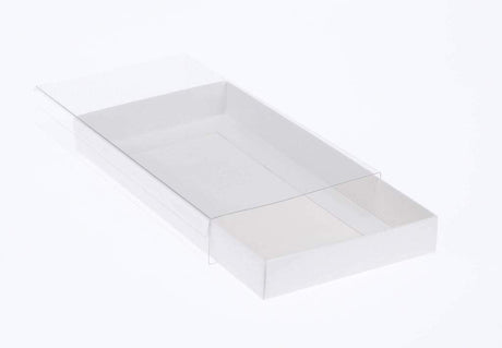 100 Pack of White Card Square Box - Clear Slide On Lid - 20 x 20 x 8cm -  Large Beauty Product Gift Giving Hamper Tray Merch Fashion Cake Sweets Xmas