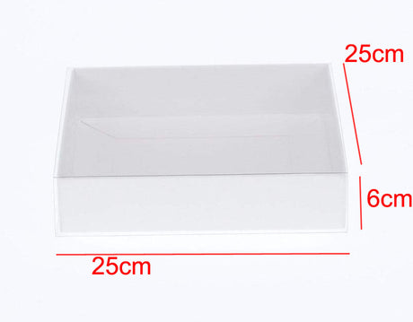 100 Pack of White Card Box - Clear Slide On Lid - 25 x 25 x 6cm - Large Beauty Product Gift Giving Hamper Tray Merch Fashion Cake Sweets Xmas