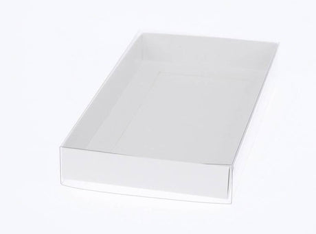 100 Pack of White Card Box - Clear Slide On Lid - 25 x 25 x 6cm - Large Beauty Product Gift Giving Hamper Tray Merch Fashion Cake Sweets Xmas