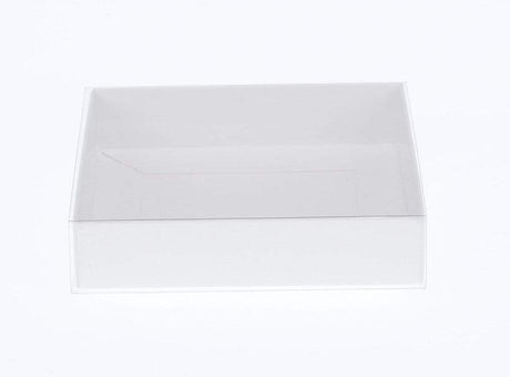 100 Pack of White Card Box - Clear Slide On Lid - 30 x 20 x 8cm -  Large Beauty Product Gift Giving Hamper Tray Merch Fashion Cake Sweets Xmas