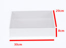 100 Pack of White Card Box - Clear Slide On Lid - 30 x 20 x 8cm -  Large Beauty Product Gift Giving Hamper Tray Merch Fashion Cake Sweets Xmas