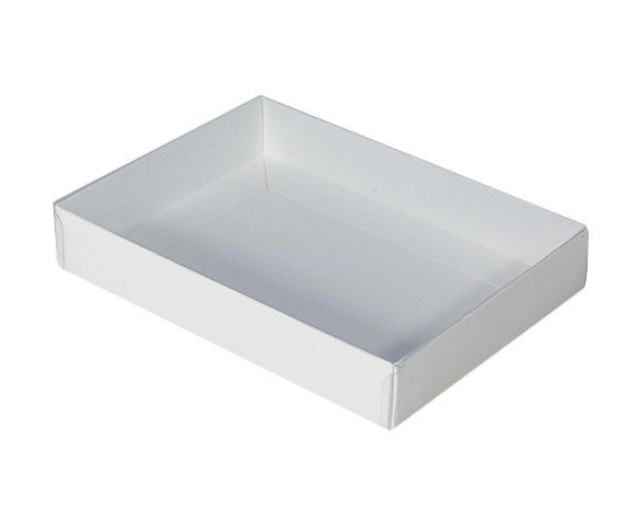 100 Pack of White Card Box - Clear Slide On Lid - 30 x 20 x 8cm -  Large Beauty Product Gift Giving Hamper Tray Merch Fashion Cake Sweets Xmas