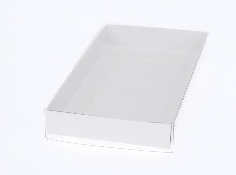 10 Pack of White Card Box - Clear Slide On Lid - 17 x 25 x 5cm -  Large Beauty Product Gift Giving Hamper Tray Merch Fashion Cake Sweets Xmas