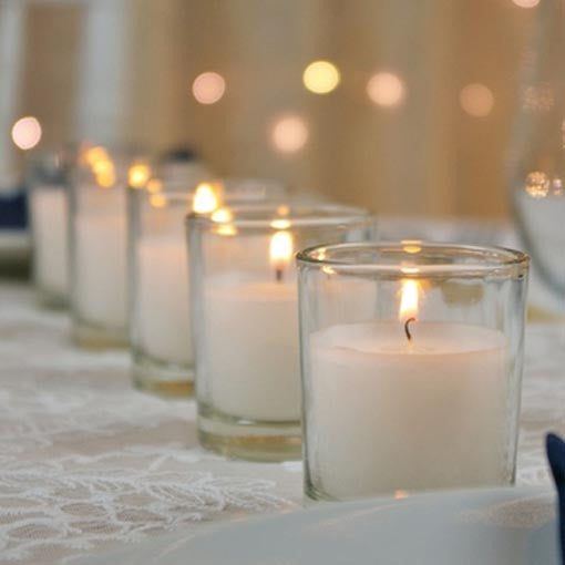20 White Wax Clear Glass Holder Votive Candle - Wedding Event Centrepiece Table Decoration