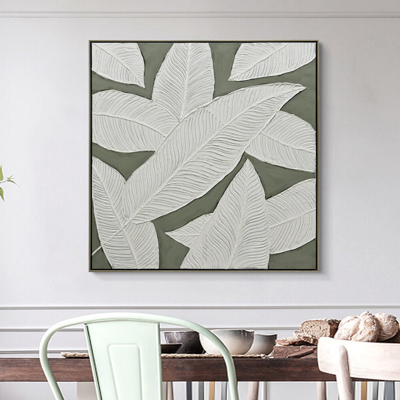 100X100cm Emerald Oasis: Leaves of Serenity Champagne Framed Hand Painted Canvas Wall Art