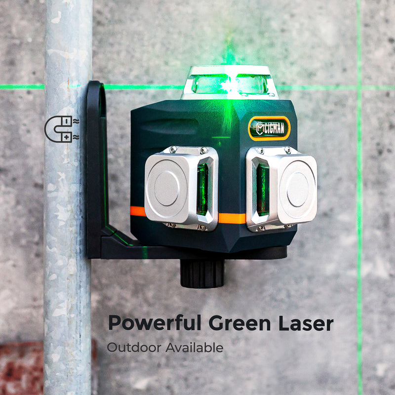 CIGMAN Laser Level Self Leveling 3x360° 3D Green Cross Line for Construction and Picture Hanging, Rechargeable battery, Remote Controller, Magnetic Rotating Stand Included