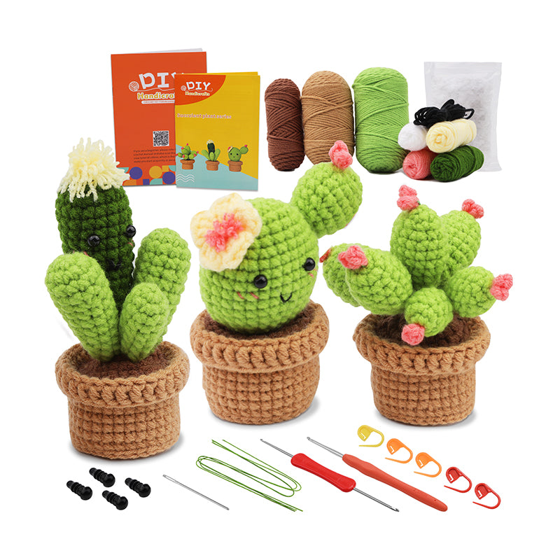 Beginners Crochet Kit, DIY 3PC Cactus Kit, Complete Knitting Kit with Video