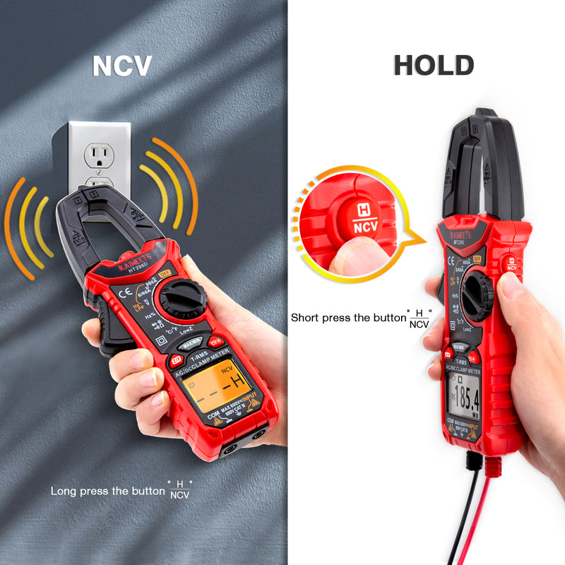 KAIWEETS HT206D Digital Clamp Meter T-RMS 6000 Counts, Multimeter Voltage Tester Auto-ranging, Measures Current Voltage Temperature Capacitance Resistance Diodes Continuity Duty-Cycle (AC/DC Current)