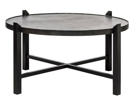 Modern Black Round Coffee Table with Silver Finish Engraved Top