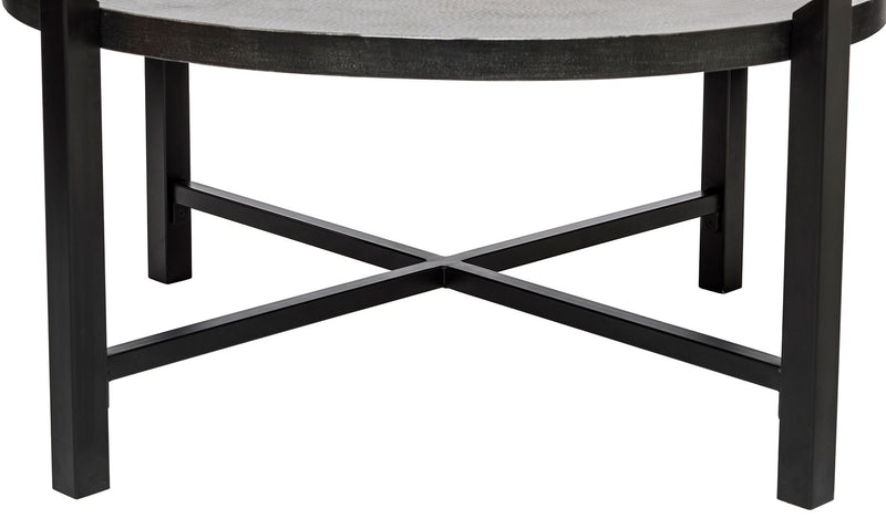 Modern Black Round Coffee Table with Silver Finish Engraved Top