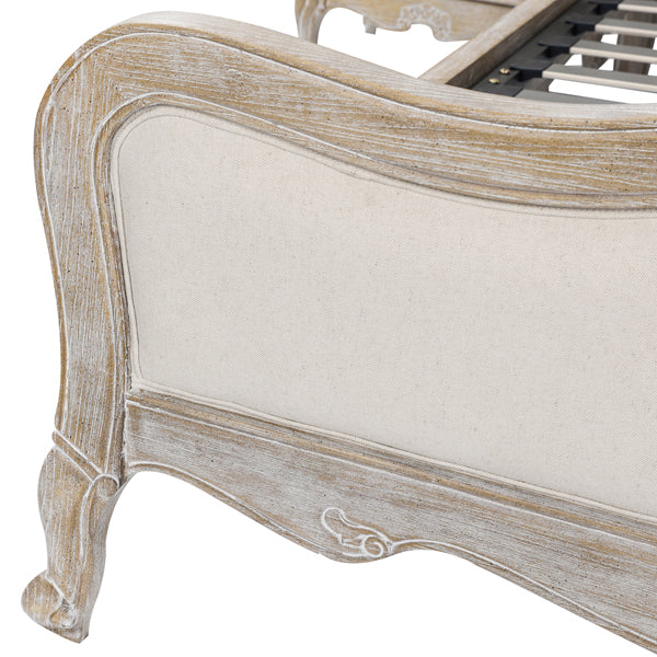 King Size Bed Frame Linen Fabric Beige Oak Wood White Washed Finish Slat Base Mattress Support