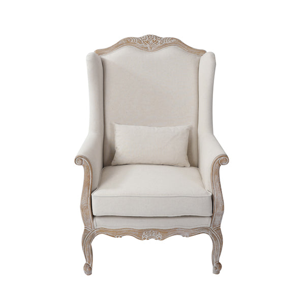 Oak Wood White Washed Finish Rolled Armrest 1 Seater Sofa Linen Fabric