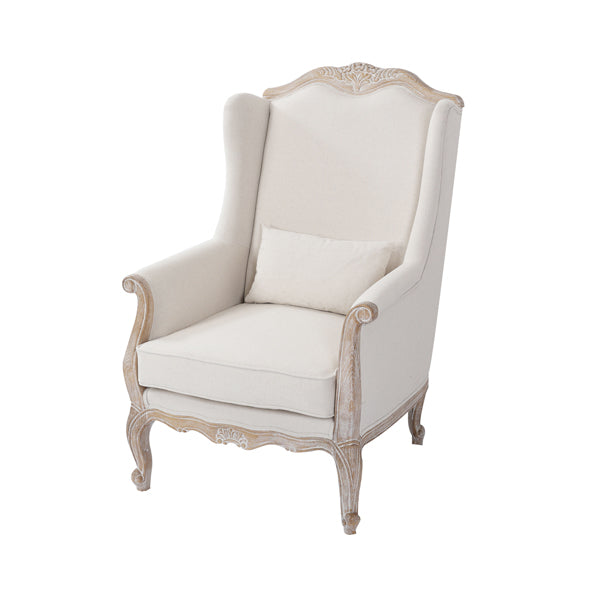 Oak Wood White Washed Finish Rolled Armrest 1 Seater Sofa Linen Fabric