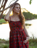 Cotton Midi Dress - Inayat Red Bird Strappy Fitted Midi Dress (Hand block print)