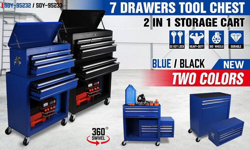 7-Drawer Tool Box Chest Cabinet Trolley - Heavy Duty Toolbox Garage Storage with Lockable Wheels