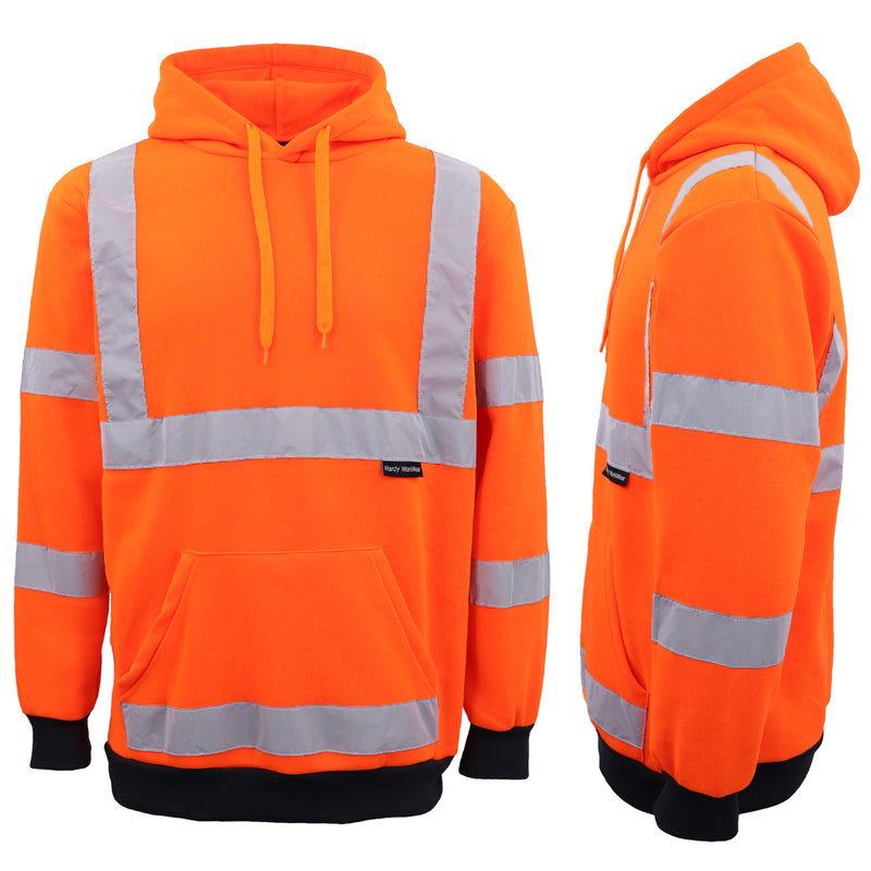 HI VIS Hooded Safety Jumper Hoodie Sweatshirt Tradie Workwear Fleece Jacket Coat, Fluro Orange, 2XL