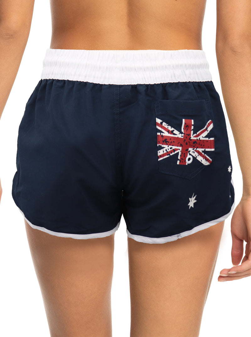 Ladies' Women's Board Shorts Australian Day Flag Gym Beach Aussie Swim Souvenir, Navy, 8