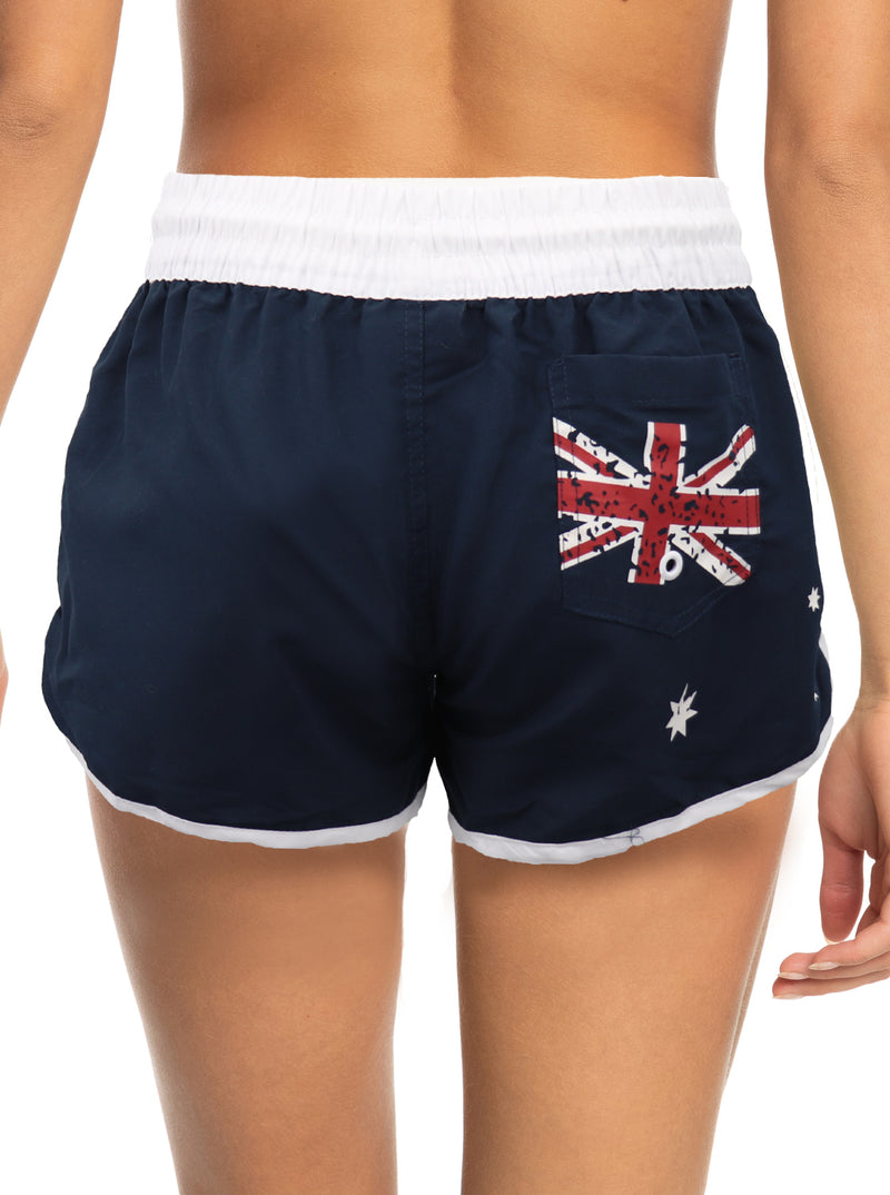 Ladies' Women's Board Shorts Australian Day Flag Gym Beach Aussie Swim Souvenir, Navy, 10