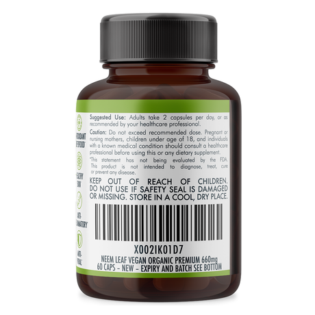 Neem Leaf Capsules Organic Pure Australian Grown - (660mg), Organic, 60 Vegan Capsules/1 Month
