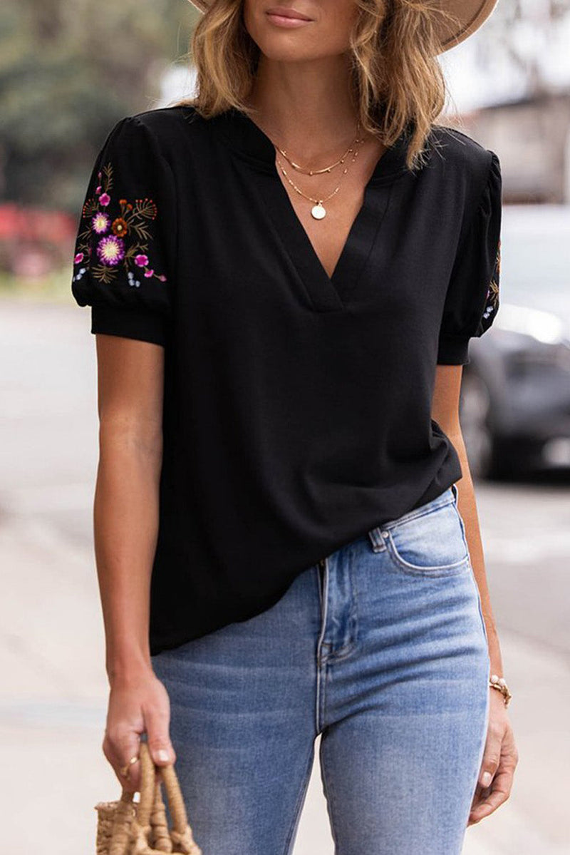 Azura Exchange Embroidered Sleeve Notch Neck Top - S