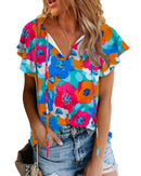 Azura Exchange Floral Print Drawstring V Neck Short Sleeve Blouse - M