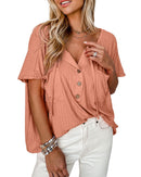 Azura Exchange Textured Loose Top with Notched V Neck and Buttoned Front - M