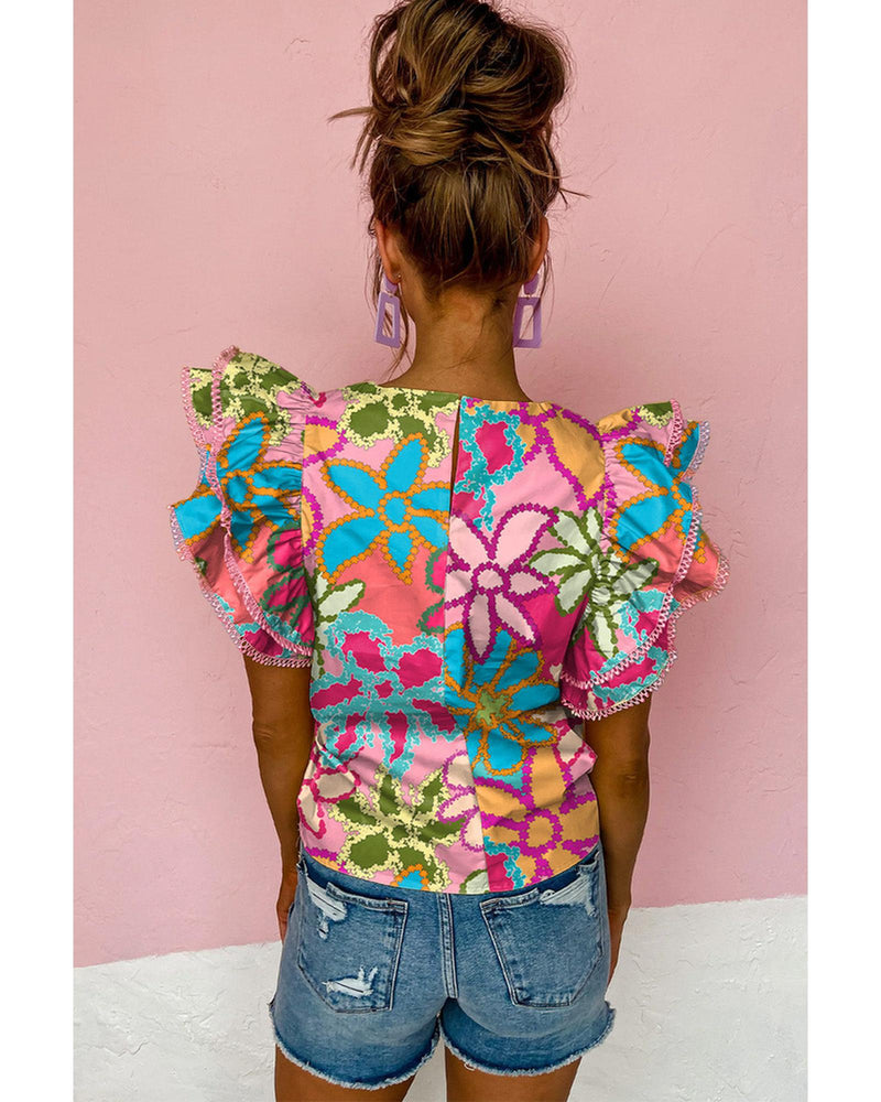 Azura Exchange Vibrant Floral Print Ruffle Sleeve Blouse - M