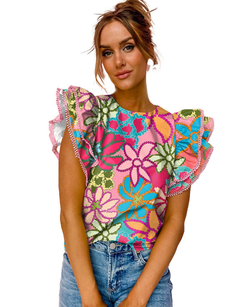 Azura Exchange Vibrant Floral Print Ruffle Sleeve Blouse - XL