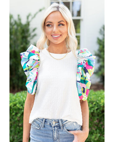 Azura Exchange Printed Puff Sleeve Textured Top - M