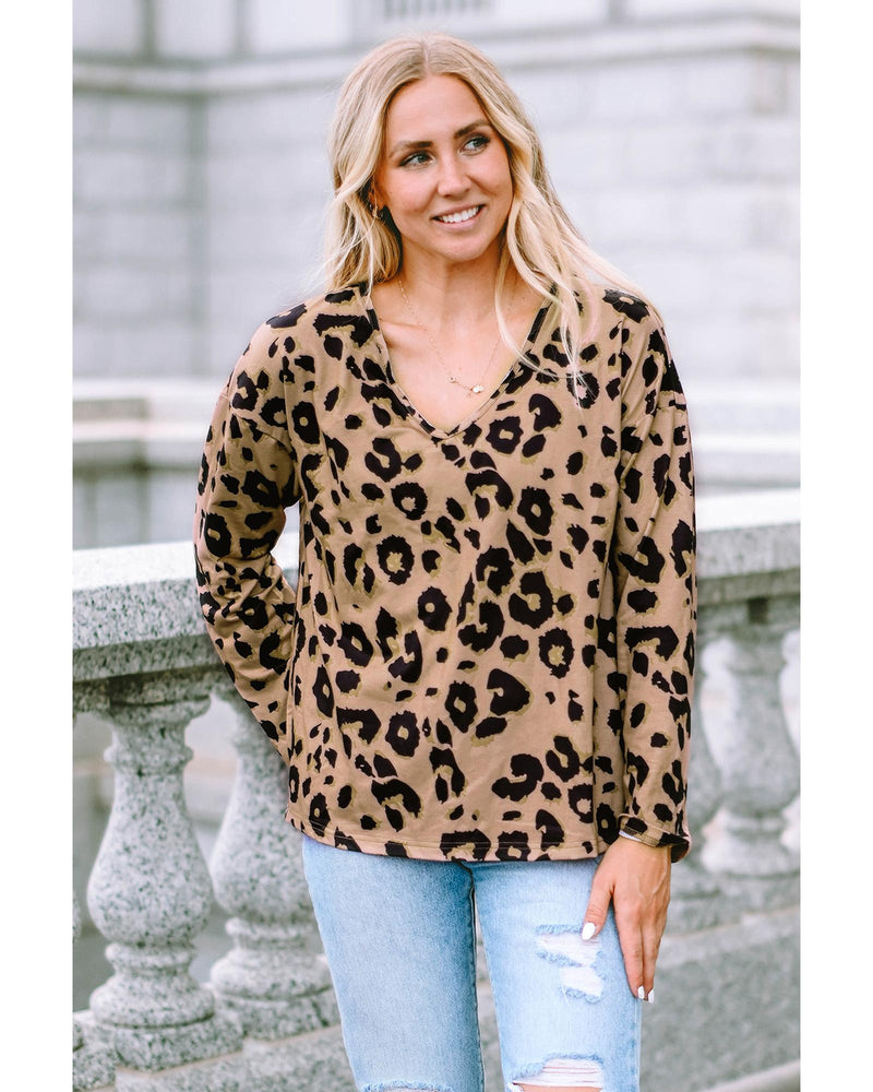 Azura Exchange Leopard Print V Neck Long Sleeve Top - S