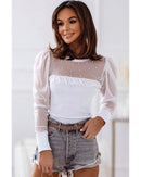 Azura Exchange Mesh Patchwork Ribbed Long Sleeve Top with Pearl Accents - XL