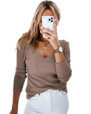 Azura Exchange Ribbed Knit Patched V Neck Top - M