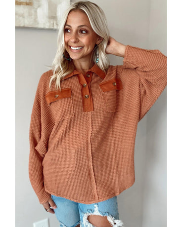 Azura Exchange Button Contrast Trim Waffle Knit Top - XL