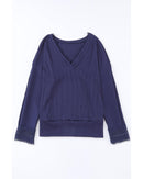 Azura Exchange Ribbed Texture V Neck Long Sleeve Top - S