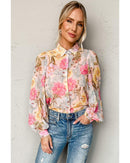Azura Exchange Floral Collared Shirt with Puff Sleeves - S