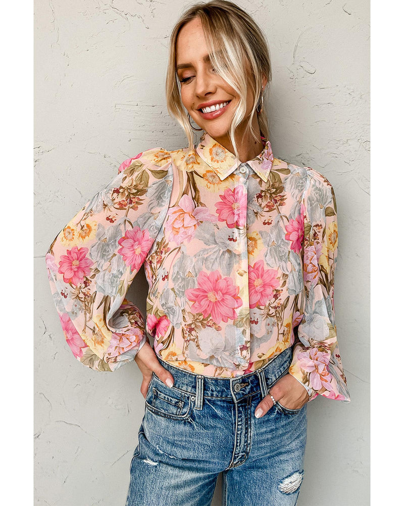 Azura Exchange Floral Collared Shirt with Puff Sleeves - S