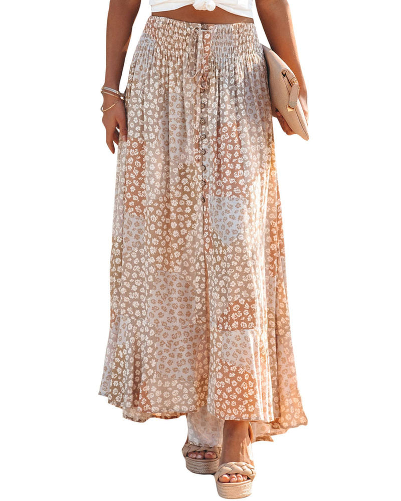 Azura Exchange Flower Print Maxi Skirt with Smocked Waist and Button Slit - M