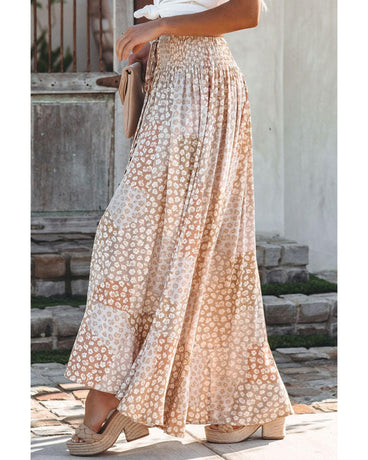 Azura Exchange Flower Print Maxi Skirt with Smocked Waist and Button Slit - XL