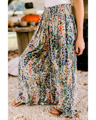 Azura Exchange Floral Print Shirred High Waist Wide Leg Pants - S