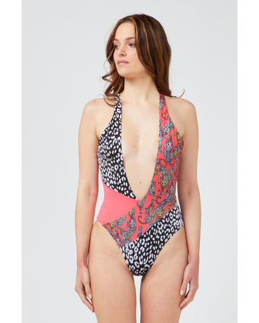 Patterned Body Swimsuit with Wide Neckline S Women