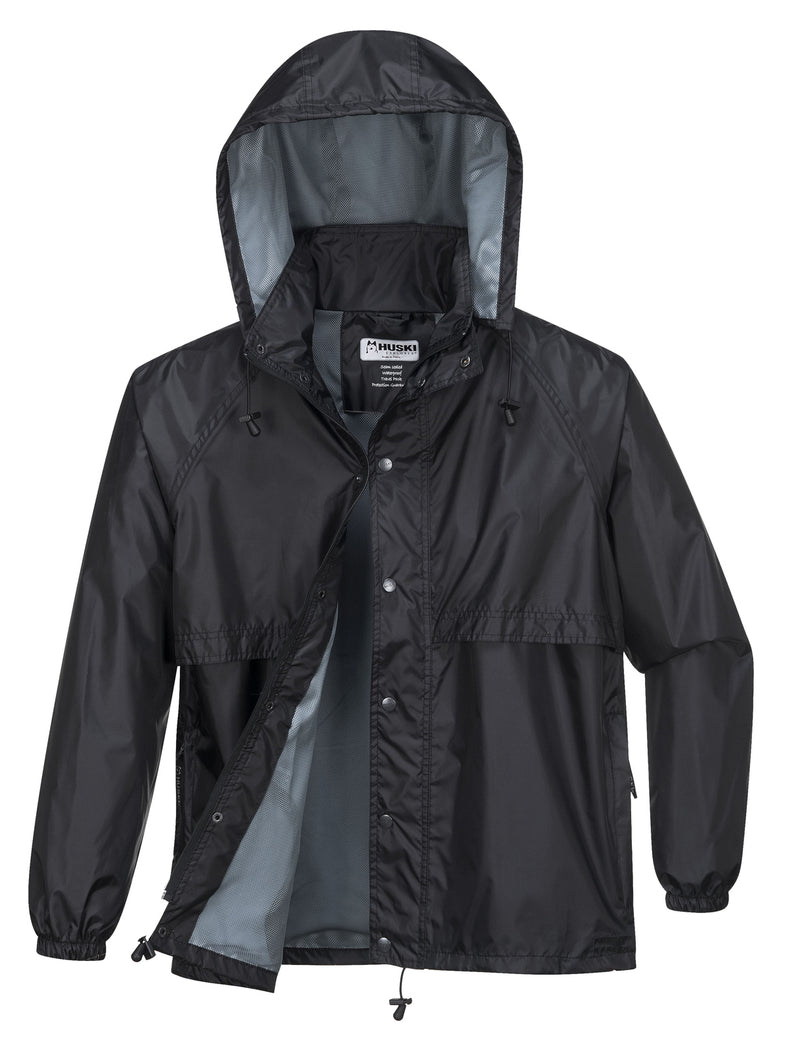 HUSKI STRATUS RAIN JACKET Waterproof Workwear Concealed Hood Windproof Packable - Black - 5XL