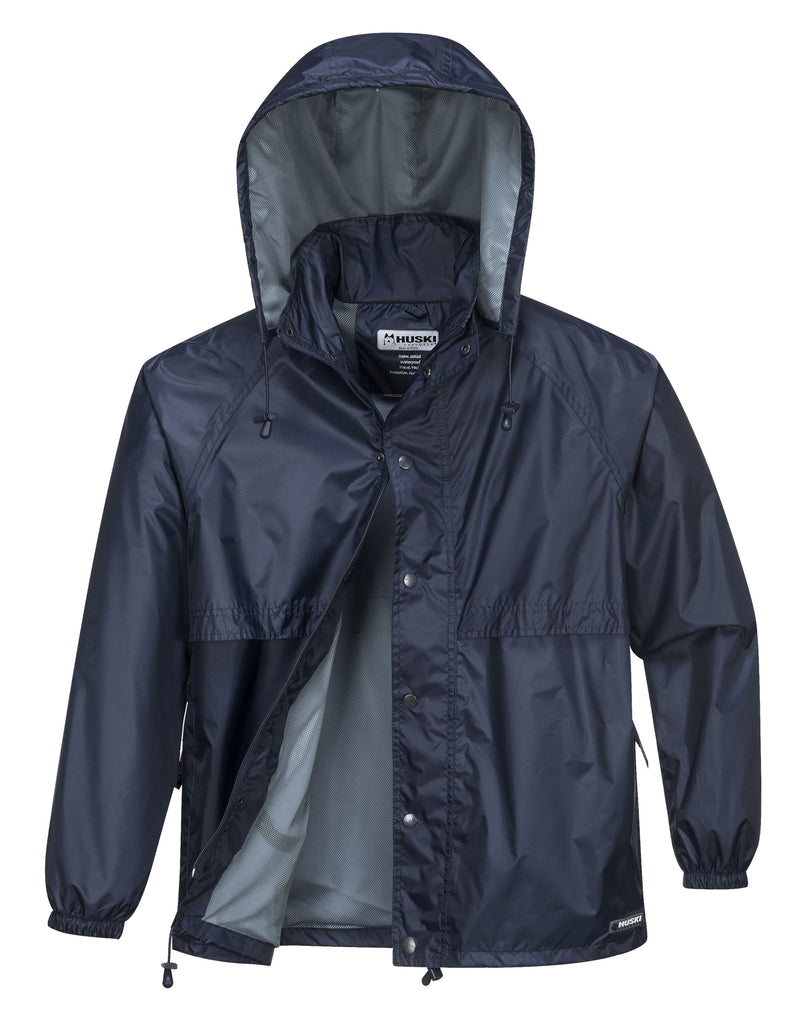 HUSKI STRATUS RAIN JACKET Waterproof Workwear Concealed Hood Windproof Packable - Navy Blue - M