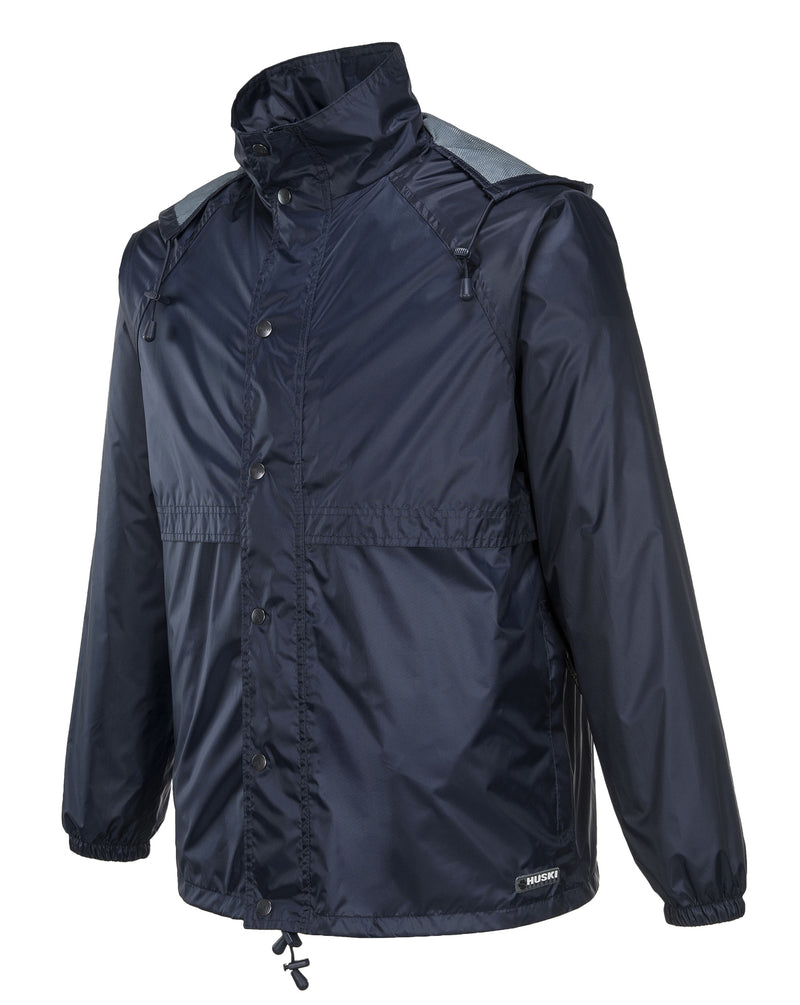 HUSKI STRATUS RAIN JACKET Waterproof Workwear Concealed Hood Windproof Packable - Navy Blue - XL