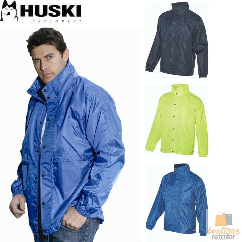 HUSKI STRATUS RAIN JACKET Waterproof Workwear Concealed Hood Windproof Packable - Navy Blue - 4XL