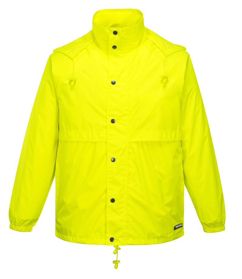 HUSKI STRATUS RAIN JACKET Waterproof Workwear Concealed Hood Windproof Packable - Yellow Fluro - M