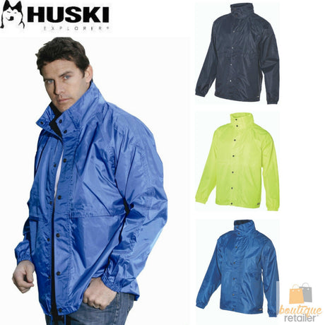HUSKI STRATUS RAIN JACKET Waterproof Workwear Concealed Hood Windproof Packable - Yellow Fluro - M