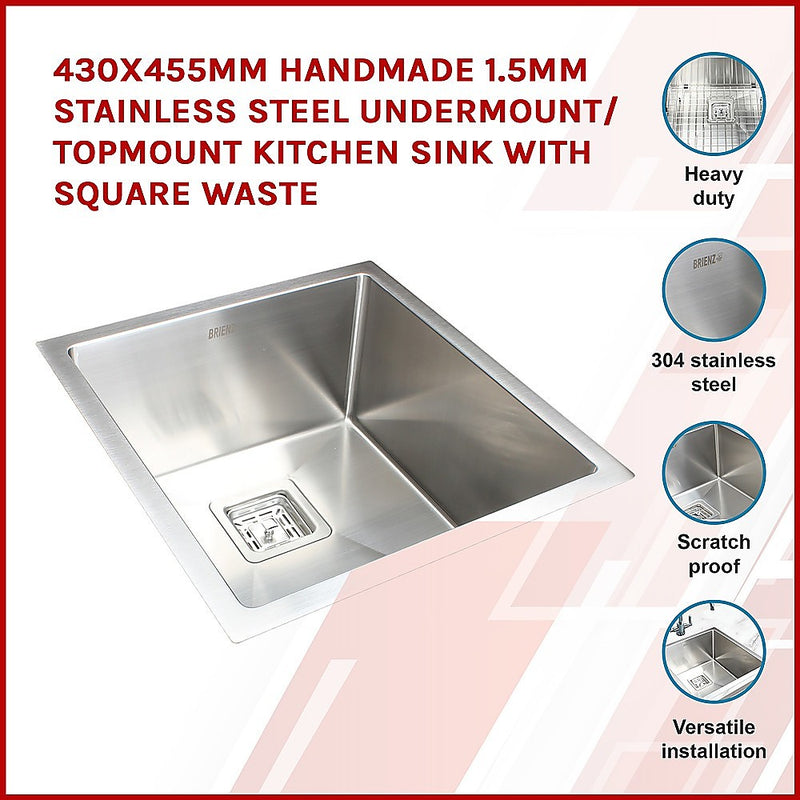 430x455mm Handmade 1.5mm Stainless Steel Undermount / Topmount Kitchen Sink with Square Waste