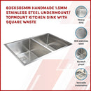 835x505mm Handmade 1.5mm Stainless Steel Undermount / Topmount Kitchen Sink with Square Waste