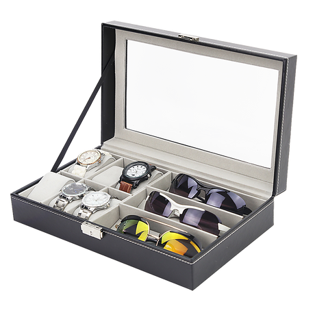 6+3 Grid Watch Sunglass Eyeglasses Display Box Case Storage Organizer PU Leather