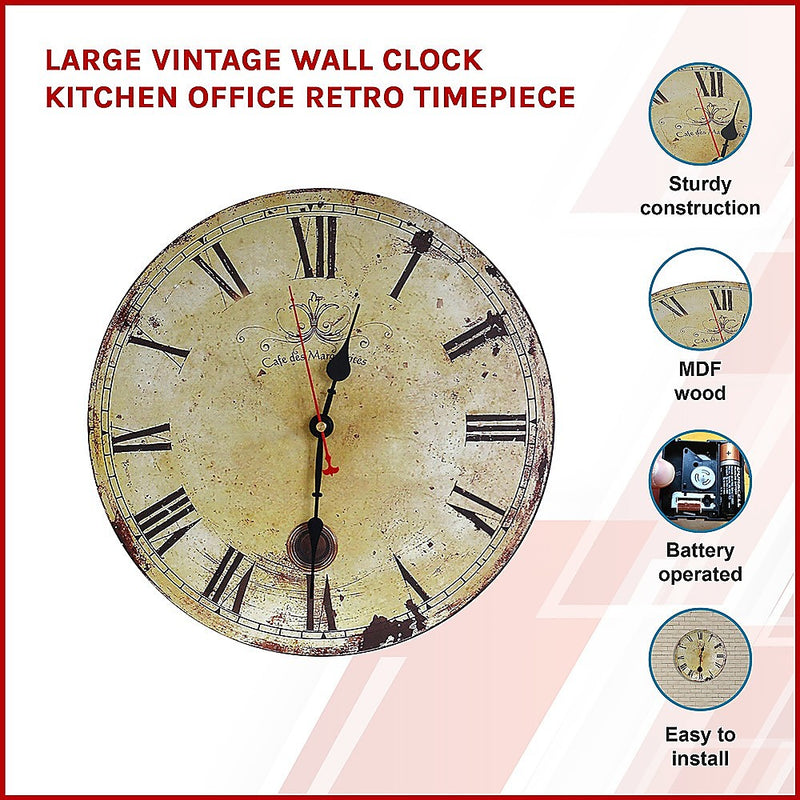 Large Vintage Wall Clock Kitchen  Office Retro Timepiece